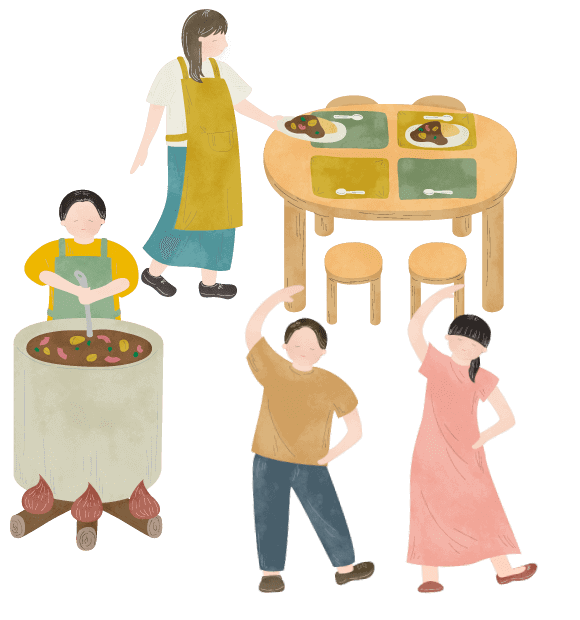 料理を作ったり、運動をしている人たち